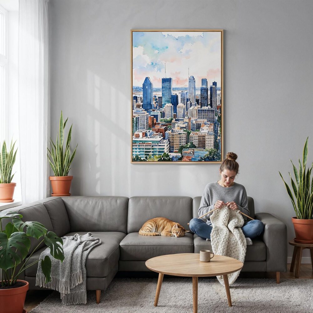 03 - Montreal Skyline Watercolor Canvas Print with Natural Floater Frame - Woman Knitting on grey couch - Vertical.jpg 03 - Montreal Skyline Watercolor Canvas Print with Natural Floater Frame - Woman Knitting on grey couch - Vertical.jpg
