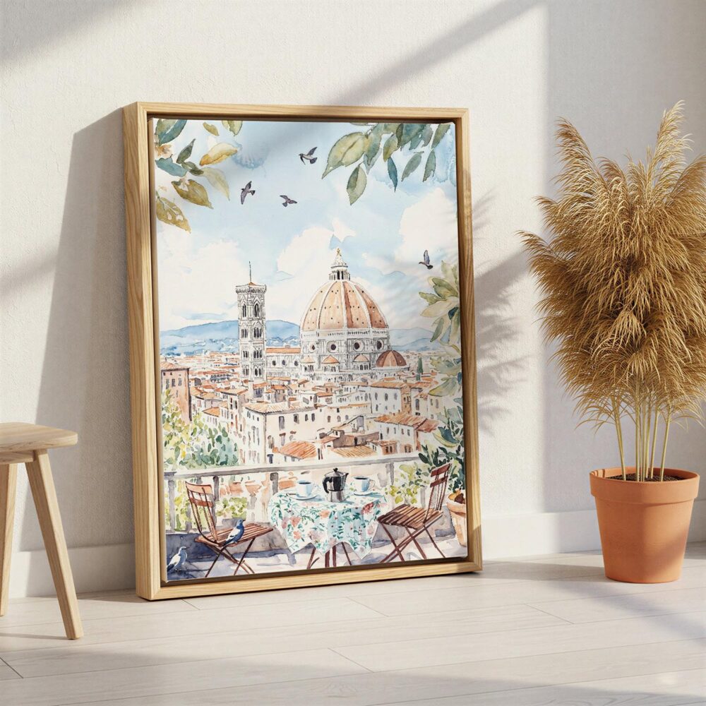 03 - Morning Coffee in Florence Watercolor Canvas Print with Natural Floater Frame - Standing on Floor - Vertical.jpg 03 - Morning Coffee in Florence Watercolor Canvas Print with Natural Floater Frame - Standing on Floor - Vertical.jpg