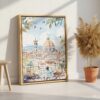 03 - Morning Coffee in Florence Watercolor Canvas Print with Natural Floater Frame - Standing on Floor - Vertical.jpg