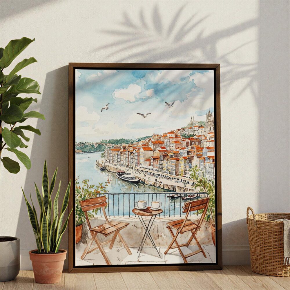 03 - Morning Coffee in Porto Watercolor Canvas Print with Brown Floater Frame - Standing on Floor - Vertical.jpg 03 - Morning Coffee in Porto Watercolor Canvas Print with Brown Floater Frame - Standing on Floor - Vertical.jpg