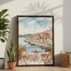 03 - Morning Coffee in Porto Watercolor Canvas Print with Brown Floater Frame - Standing on Floor - Vertical.jpg