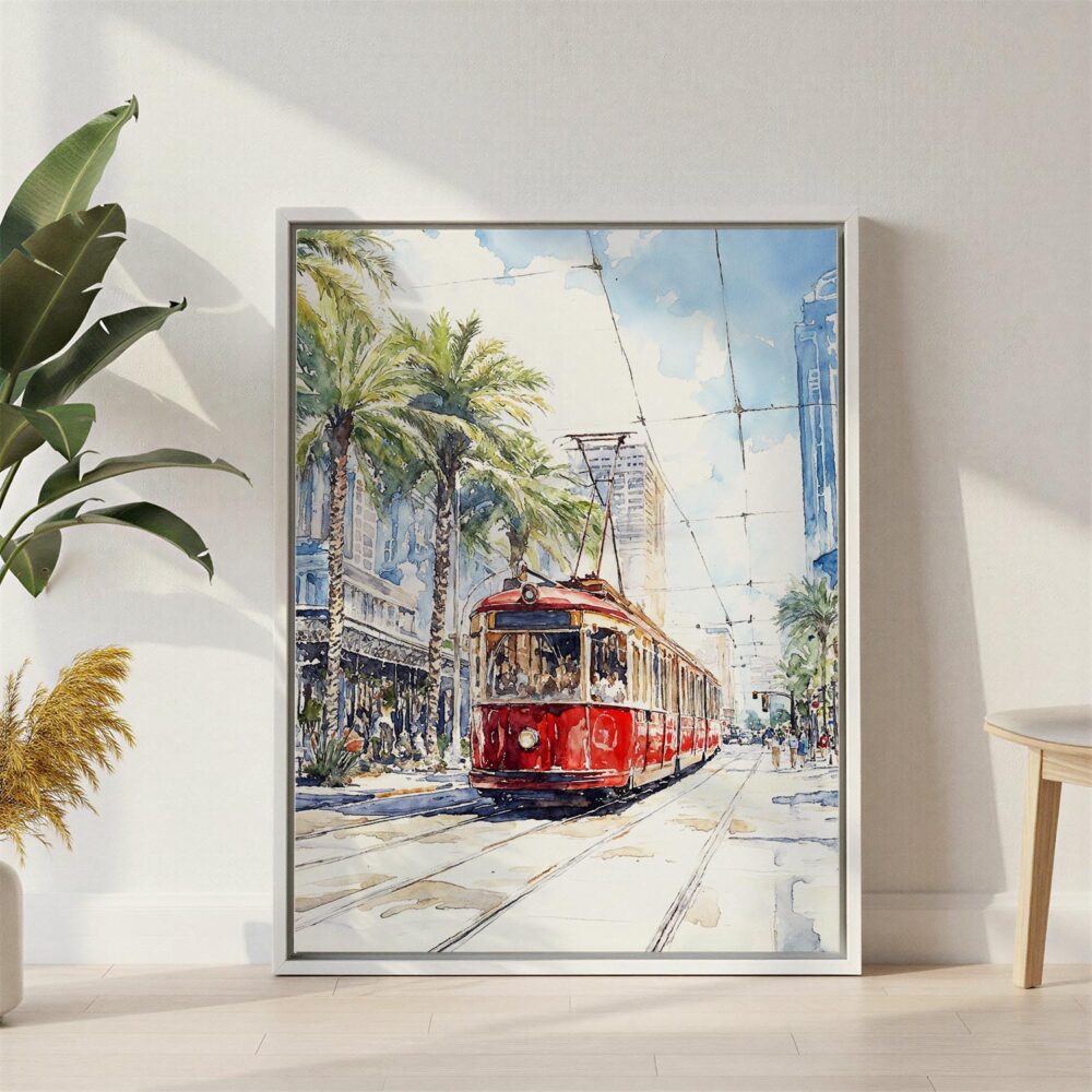 03 - New Orleans Canal Street Watercolor Canvas Print with White Floater Frame - Standing on Floor - Vertical.jpg 03 - New Orleans Canal Street Watercolor Canvas Print with White Floater Frame - Standing on Floor - Vertical.jpg