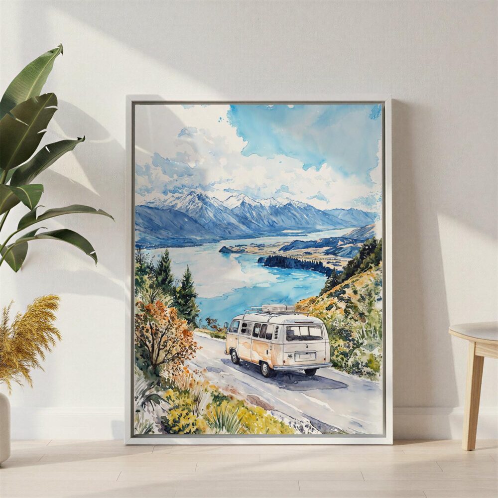03 - New Zealand Queenstown Watercolor Canvas Print with White Floater Frame - Standing on Floor - Vertical.jpg 03 - New Zealand Queenstown Watercolor Canvas Print with White Floater Frame - Standing on Floor - Vertical.jpg