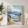 03 - New Zealand Queenstown Watercolor Canvas Print with White Floater Frame - Standing on Floor - Vertical.jpg