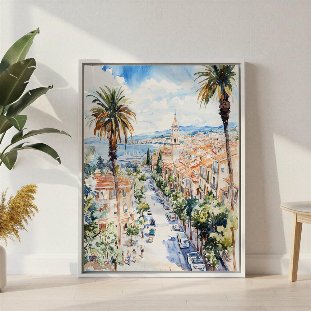 03 - Nice France Watercolor Canvas Print with White Floater Frame - Standing on Floor - Vertical.jpg 03 - Nice France Watercolor Canvas Print with White Floater Frame - Standing on Floor - Vertical.jpg