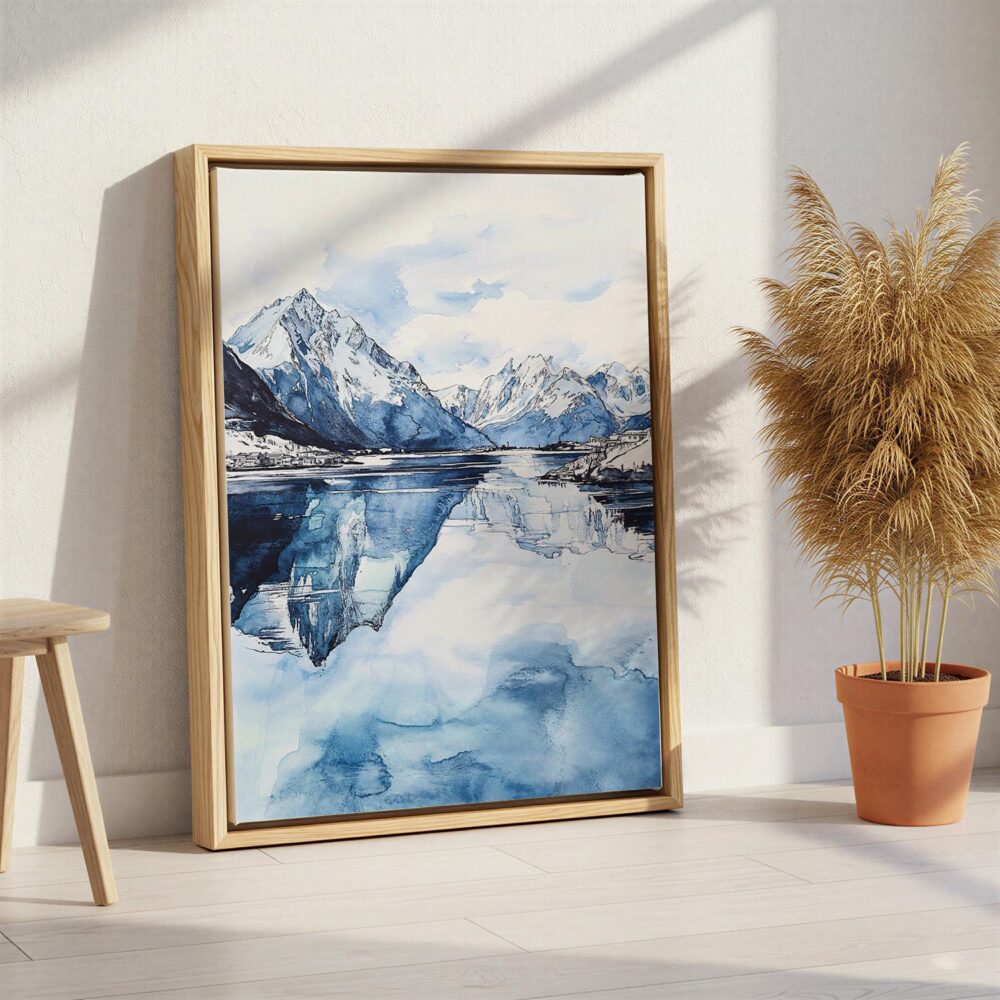03 - Norway Watercolor Canvas Print with Natural Floater Frame - Standing on Floor - Vertical.jpg 03 - Norway Watercolor Canvas Print with Natural Floater Frame - Standing on Floor - Vertical.jpg