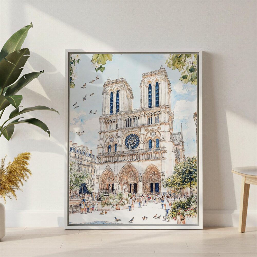 03 - Notre Dame Watercolor Canvas Print with White Floater Frame - Standing on Floor - Vertical.jpg 03 - Notre Dame Watercolor Canvas Print with White Floater Frame - Standing on Floor - Vertical.jpg