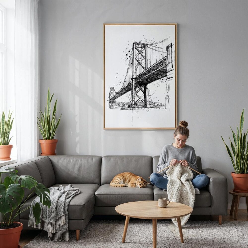 03 - Oakland Bridge - Pencil Drawing Canvas Print with Natural Floater Frame - Woman Knitting on grey couch - Vertical.jpg 03 - Oakland Bridge - Pencil Drawing Canvas Print with Natural Floater Frame - Woman Knitting on grey couch - Vertical.jpg