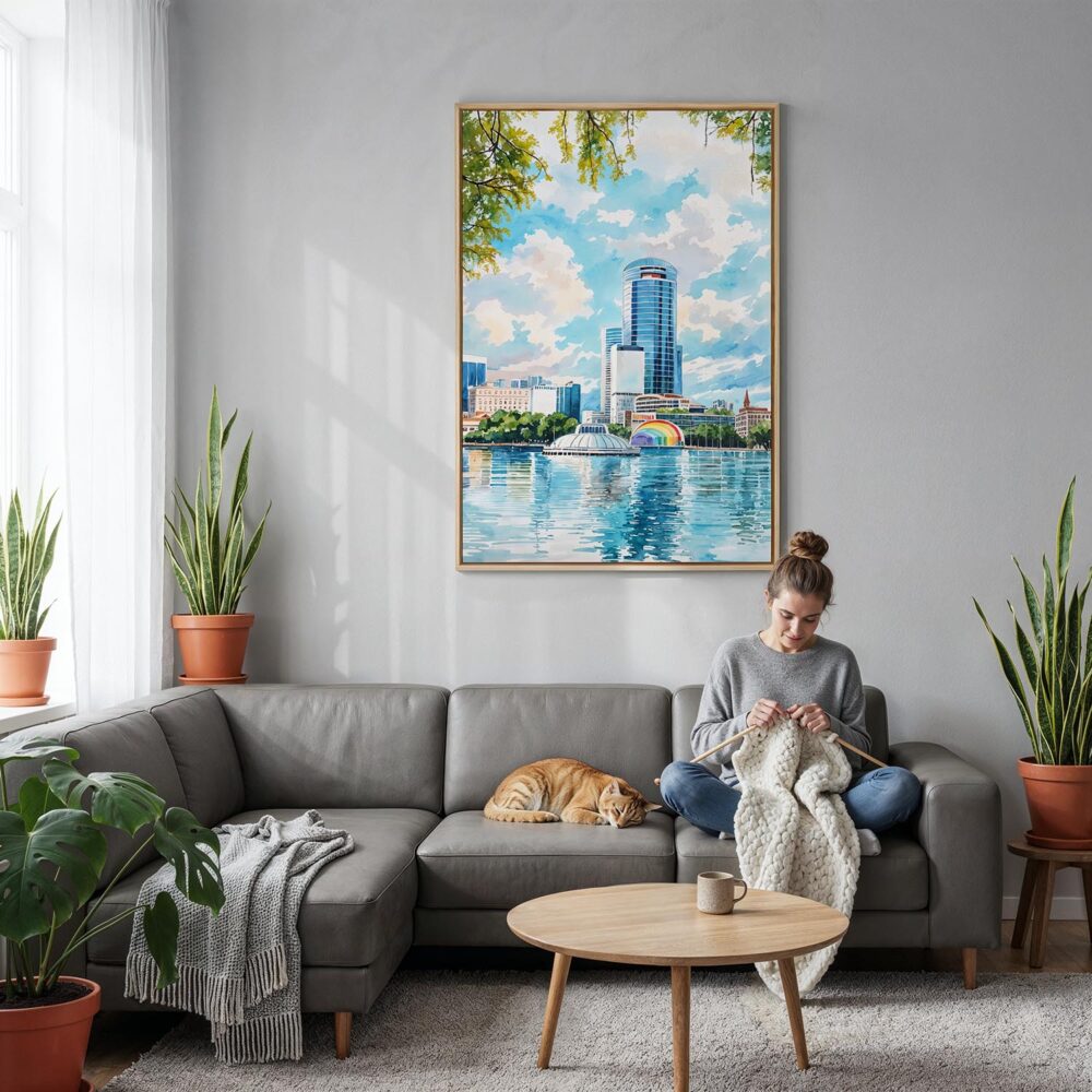 03 - Orlando Florida Watercolor Canvas Print with Natural Floater Frame - Woman Knitting on grey couch - Vertical.jpg 03 - Orlando Florida Watercolor Canvas Print with Natural Floater Frame - Woman Knitting on grey couch - Vertical.jpg
