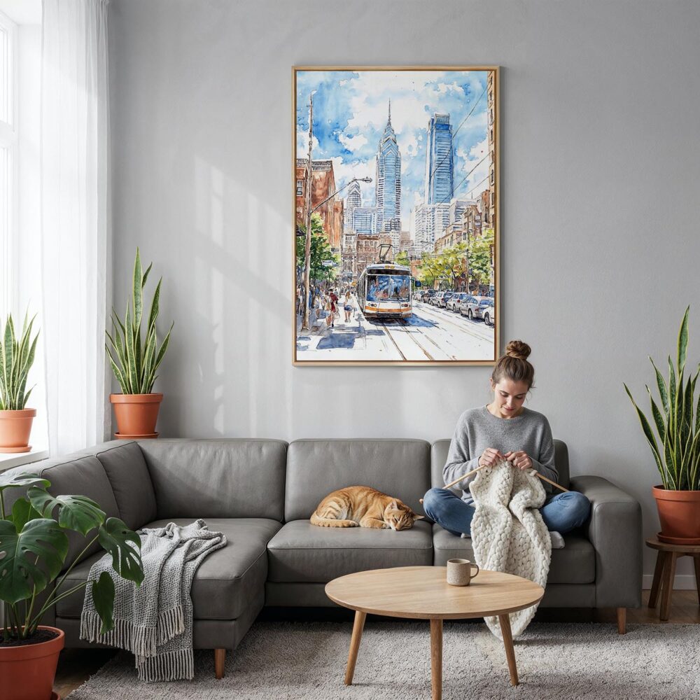 03 - Philadelphia Downtown Canvas Print with Natural Floater Frame - Woman Knitting on grey couch - Vertical.jpg 03 - Philadelphia Downtown Canvas Print with Natural Floater Frame - Woman Knitting on grey couch - Vertical.jpg