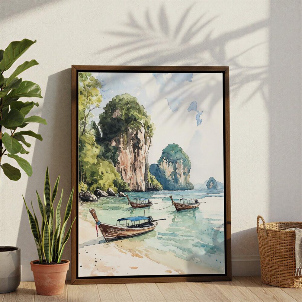 03 - Phuket Thailand Watercolor Canvas Print with Brown Floater Frame - Standing on Floor - Vertical.jpg 03 - Phuket Thailand Watercolor Canvas Print with Brown Floater Frame - Standing on Floor - Vertical.jpg