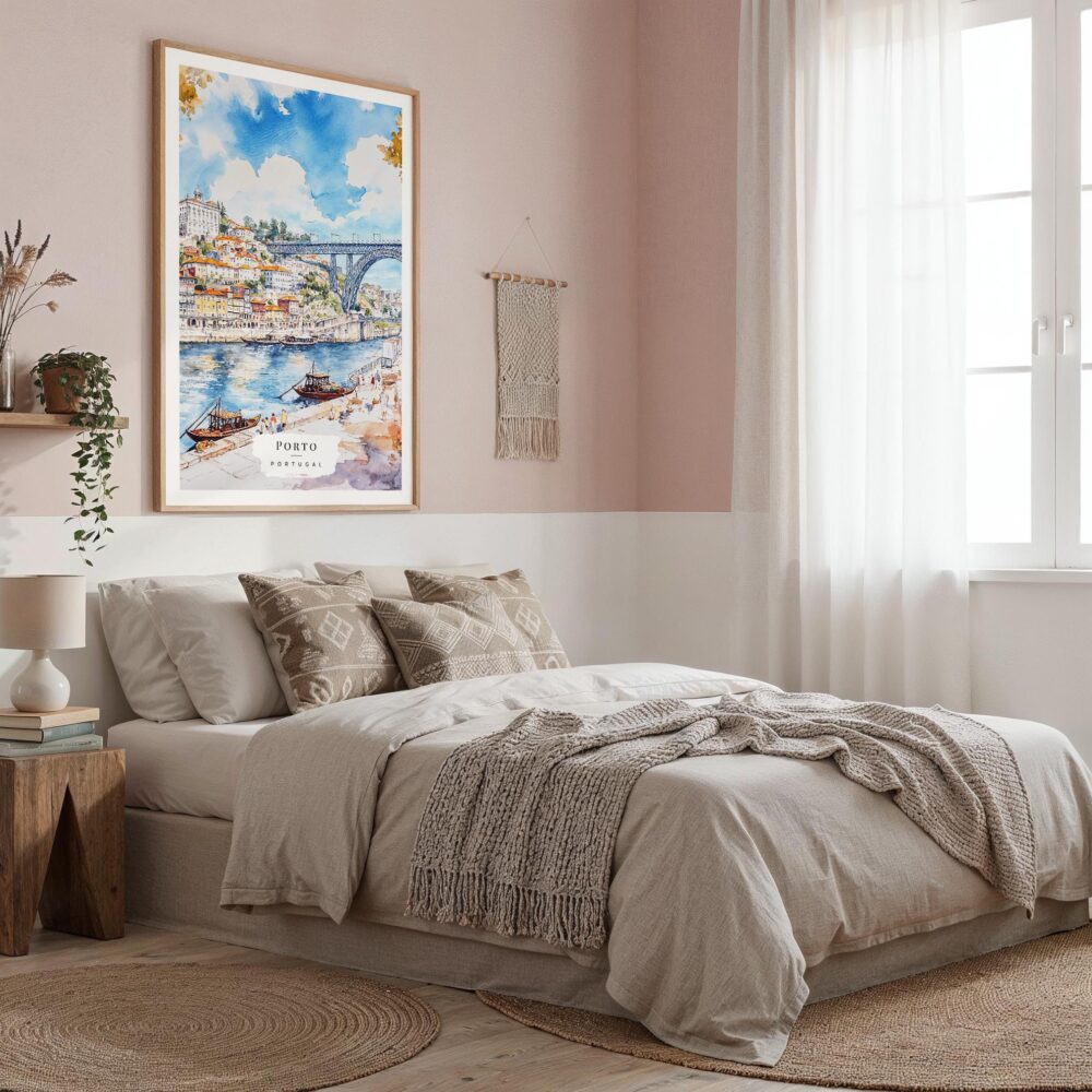 03 - Porto Ribeira with Dom Luis Bridge Watercolor Art Print in Boho Living Room - Vertical.jpg 03 - Porto Ribeira with Dom Luis Bridge Watercolor Art Print in Boho Living Room - Vertical.jpg