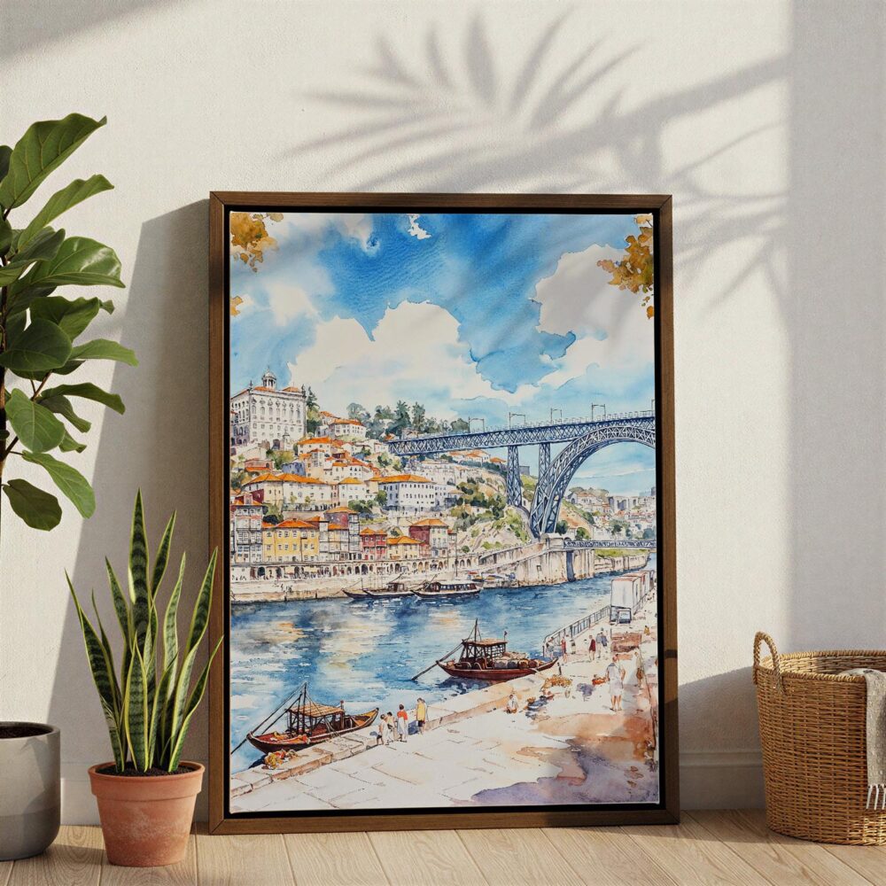 03 - Porto Ribeira with Dom Luis Bridge Watercolor Canvas Print with Brown Floater Frame - Standing on Floor - Vertical.jpg 03 - Porto Ribeira with Dom Luis Bridge Watercolor Canvas Print with Brown Floater Frame - Standing on Floor - Vertical.jpg