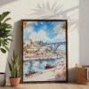 03 - Porto Ribeira with Dom Luis Bridge Watercolor Canvas Print with Brown Floater Frame - Standing on Floor - Vertical.jpg