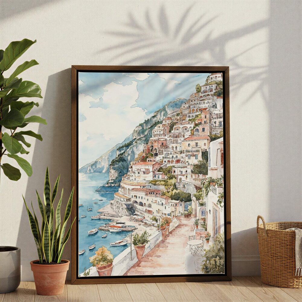 03 - Positano - Watercolor Canvas Print with Brown Floater Frame - Standing on Floor - Vertical.jpg 03 - Positano - Watercolor Canvas Print with Brown Floater Frame - Standing on Floor - Vertical.jpg