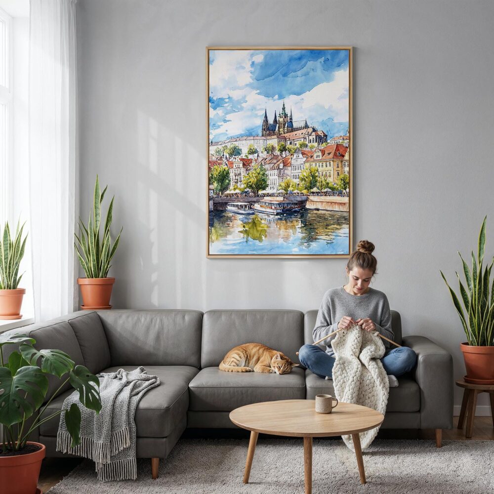 03 - Prague St Vitus Cathedral Canvas Print with Natural Floater Frame - Woman Knitting on grey couch - Vertical.jpg 03 - Prague St Vitus Cathedral Canvas Print with Natural Floater Frame - Woman Knitting on grey couch - Vertical.jpg