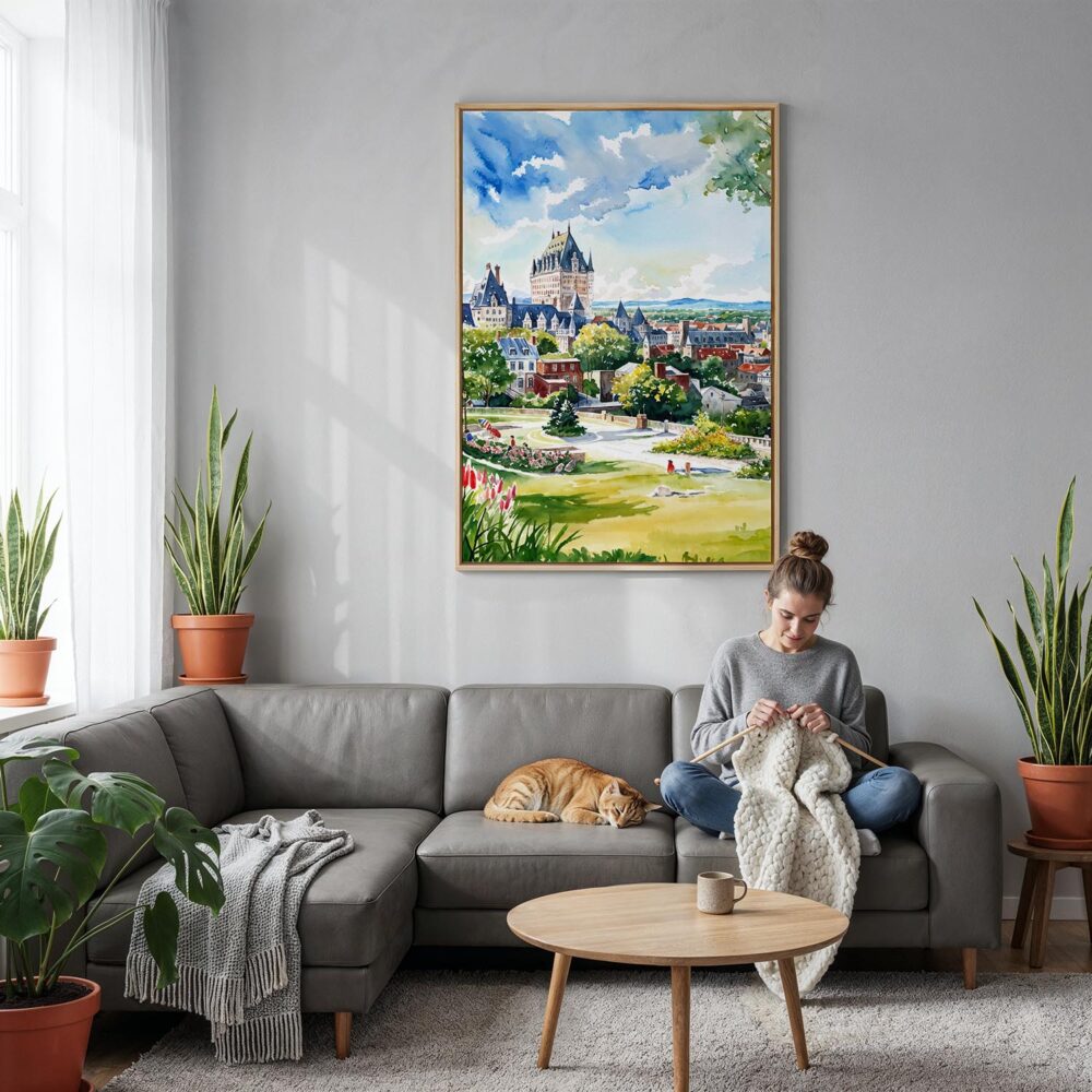 03 - Quebec Château Frontenac Watercolor Canvas Print with Natural Floater Frame - Woman Knitting on grey couch - Vertical.jpg 03 - Quebec Château Frontenac Watercolor Canvas Print with Natural Floater Frame - Woman Knitting on grey couch - Vertical.jpg