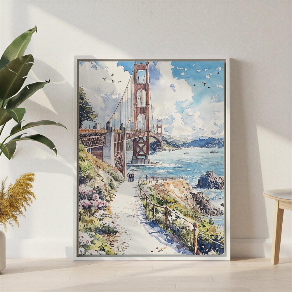 03 - San Francisco Golden Gate Bridge - Watercolor Canvas Print with White Floater Frame - Standing on Floor - Vertical.jpg 03 - San Francisco Golden Gate Bridge - Watercolor Canvas Print with White Floater Frame - Standing on Floor - Vertical.jpg