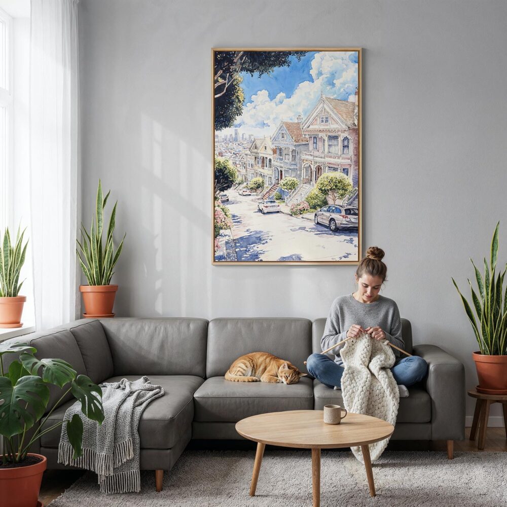 03 - San Francisco - Painted Ladies - Watercolors Canvas Print with Natural Floater Frame - Woman Knitting on grey couch - Vertical.jpg 03 - San Francisco - Painted Ladies - Watercolors Canvas Print with Natural Floater Frame - Woman Knitting on grey couch - Vertical.jpg