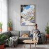 03 - San Francisco - Painted Ladies - Watercolors Canvas Print with Natural Floater Frame - Woman Knitting on grey couch - Vertical.jpg