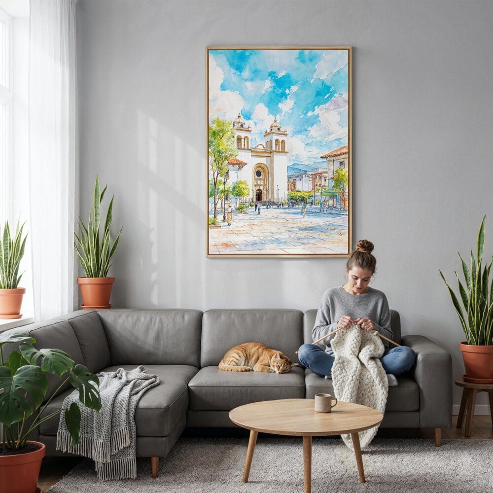 03 - San Salvador Watercolor Canvas Print with Natural Floater Frame - Woman Knitting on grey couch - Vertical.jpg 03 - San Salvador Watercolor Canvas Print with Natural Floater Frame - Woman Knitting on grey couch - Vertical.jpg