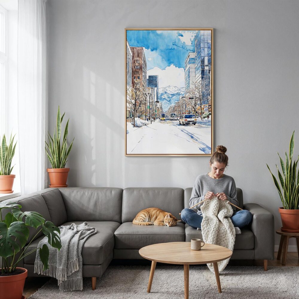 03 - Sapporo City - Watercolor Canvas Print with Natural Floater Frame - Woman Knitting on grey couch - Vertical.jpg 03 - Sapporo City - Watercolor Canvas Print with Natural Floater Frame - Woman Knitting on grey couch - Vertical.jpg