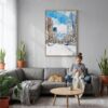 03 - Sapporo City - Watercolor Canvas Print with Natural Floater Frame - Woman Knitting on grey couch - Vertical.jpg