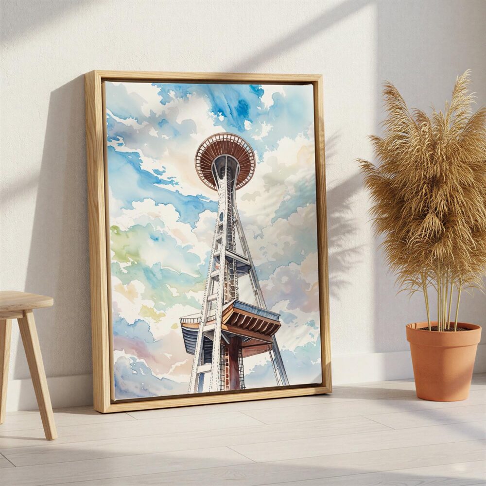03 - Seattle Space Needle Watercolor Canvas Print with Natural Floater Frame - Standing on Floor - Vertical.jpg 03 - Seattle Space Needle Watercolor Canvas Print with Natural Floater Frame - Standing on Floor - Vertical.jpg