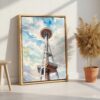 03 - Seattle Space Needle Watercolor Canvas Print with Natural Floater Frame - Standing on Floor - Vertical.jpg