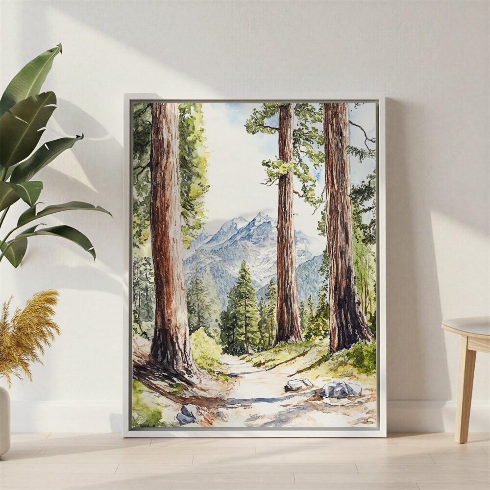 03 - Sequoia National Park Watercolor Canvas Print with White Floater Frame - Standing on Floor - Vertical.jpg 03 - Sequoia National Park Watercolor Canvas Print with White Floater Frame - Standing on Floor - Vertical.jpg