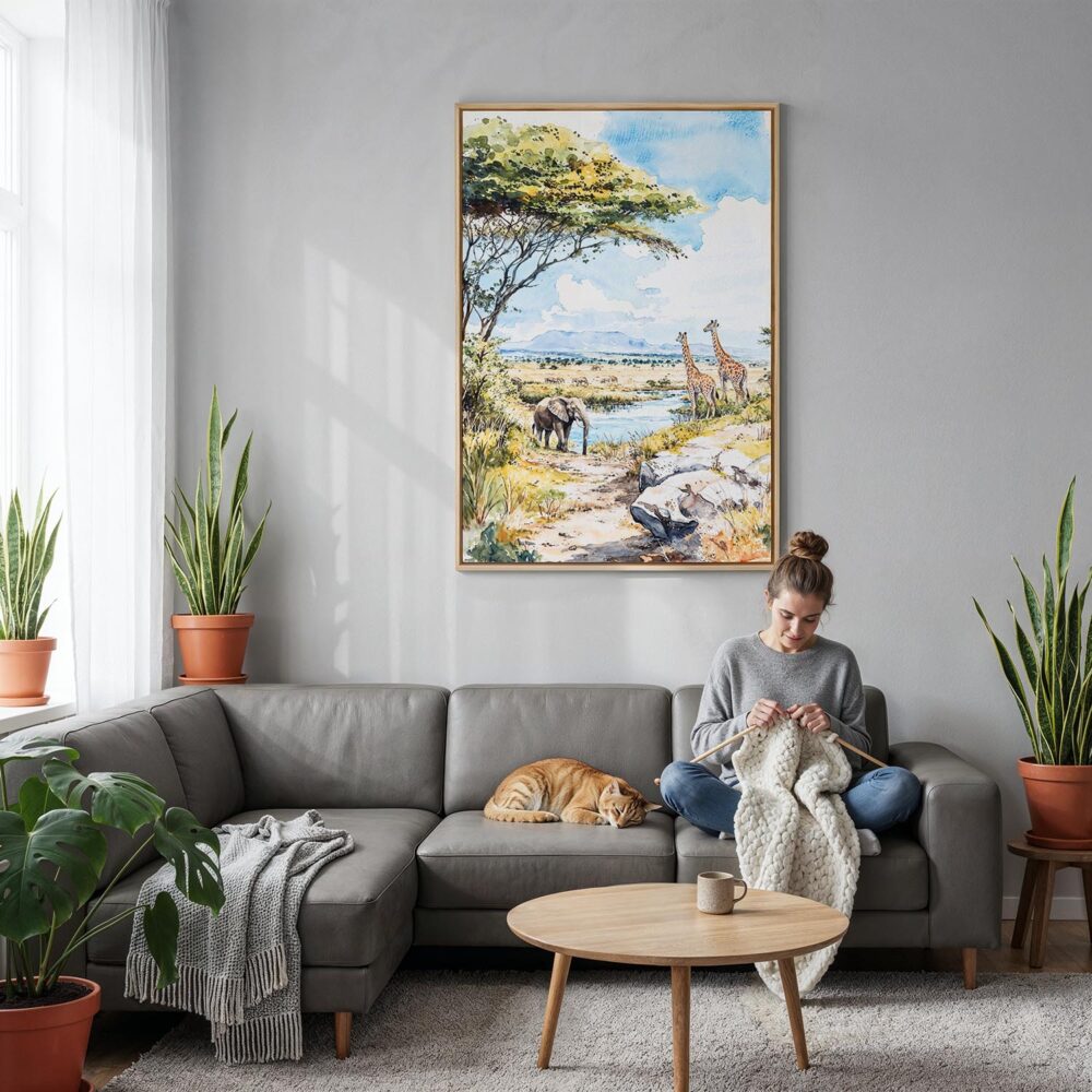 03 - Serengeti Canvas Print with Natural Floater Frame - Woman Knitting on grey couch - Vertical.jpg 03 - Serengeti Canvas Print with Natural Floater Frame - Woman Knitting on grey couch - Vertical.jpg