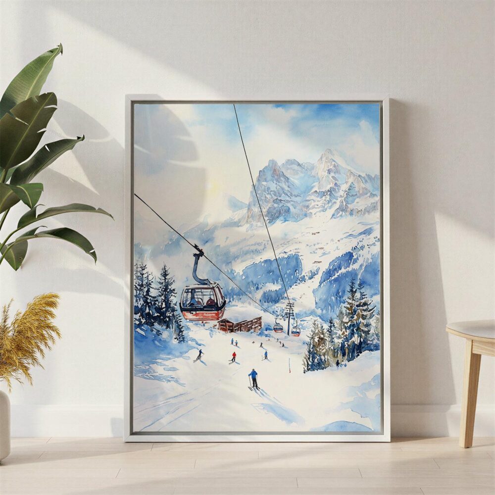 03 - Skiing in Grindelwald Watercolor Canvas Print with White Floater Frame - Standing on Floor - Vertical.jpg 03 - Skiing in Grindelwald Watercolor Canvas Print with White Floater Frame - Standing on Floor - Vertical.jpg