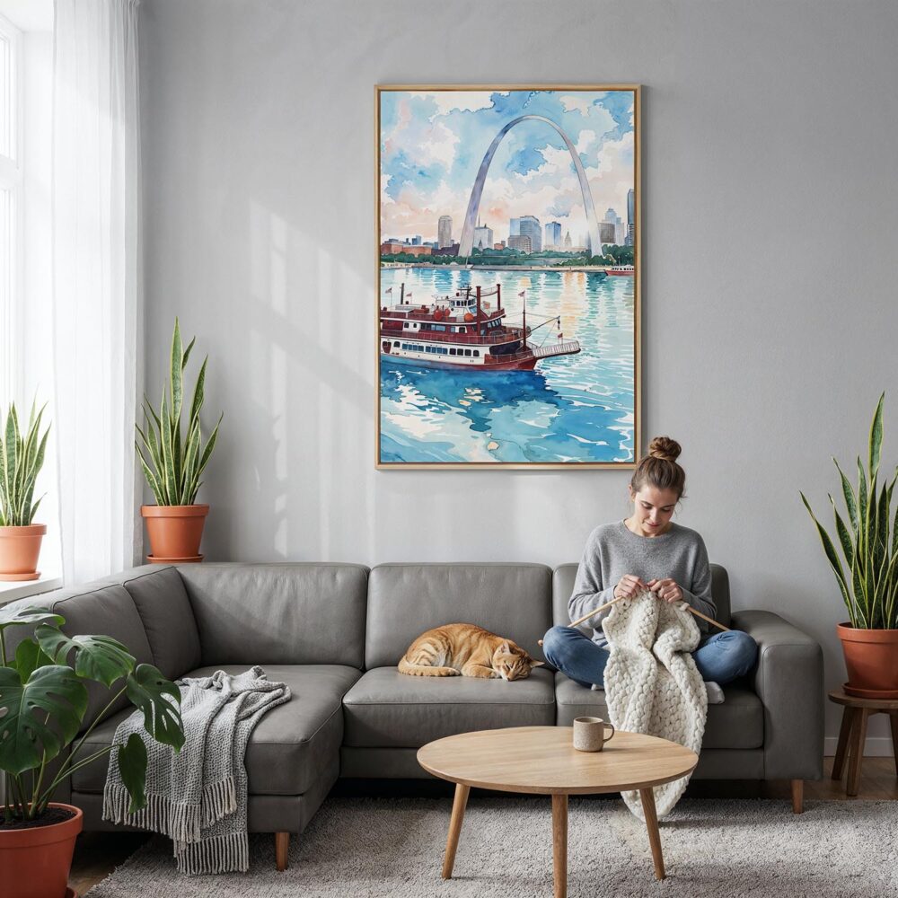 03 - St Louis Watercolor Canvas Print with Natural Floater Frame - Woman Knitting on grey couch - Vertical.jpg 03 - St Louis Watercolor Canvas Print with Natural Floater Frame - Woman Knitting on grey couch - Vertical.jpg