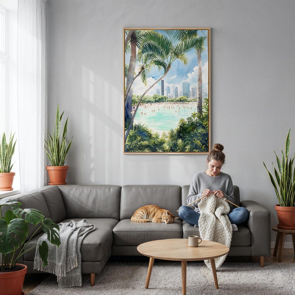 03 - Streets Beach Watercolor Canvas Print with Natural Floater Frame - Woman Knitting on grey couch - Vertical.jpg 03 - Streets Beach Watercolor Canvas Print with Natural Floater Frame - Woman Knitting on grey couch - Vertical.jpg