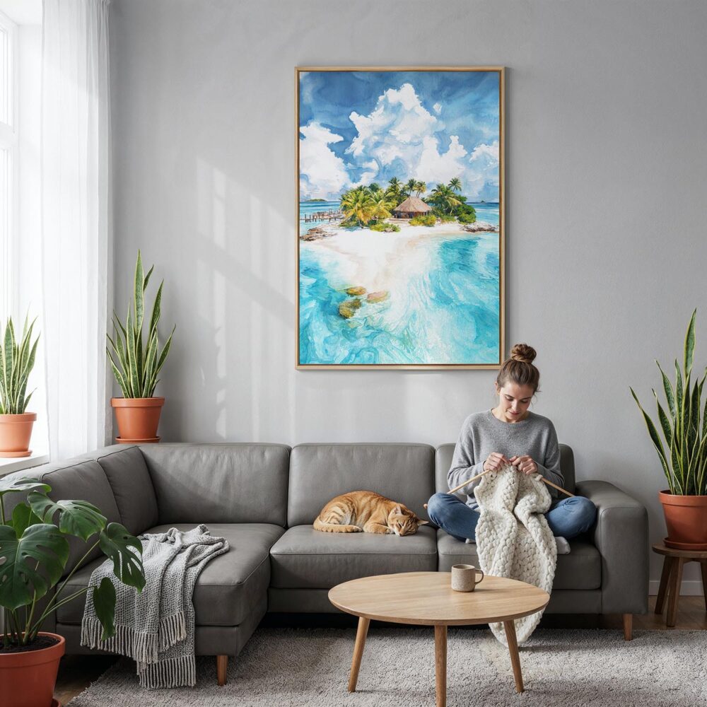 03 - The Bahamas Islands watercolor Canvas Print with Natural Floater Frame - Woman Knitting on grey couch - Vertical.jpg 03 - The Bahamas Islands watercolor Canvas Print with Natural Floater Frame - Woman Knitting on grey couch - Vertical.jpg