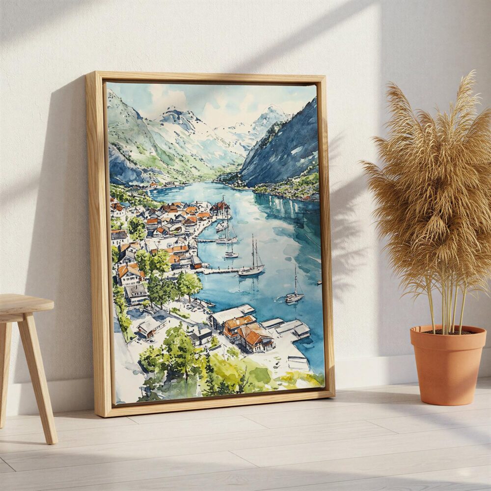 03 - The Fjords Watercolor Canvas Print with Natural Floater Frame - Standing on Floor - Vertical.jpg 03 - The Fjords Watercolor Canvas Print with Natural Floater Frame - Standing on Floor - Vertical.jpg