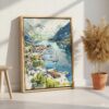 03 - The Fjords Watercolor Canvas Print with Natural Floater Frame - Standing on Floor - Vertical.jpg