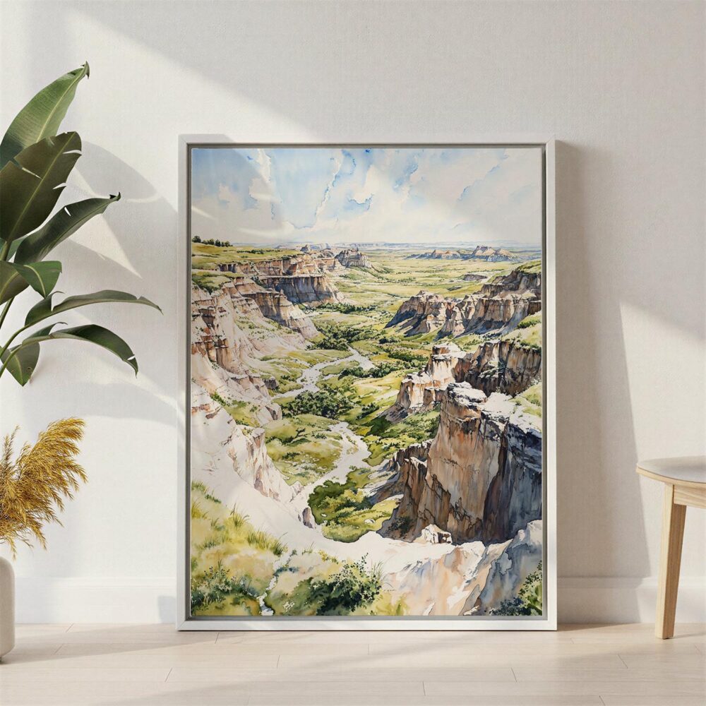 03 - Theodore Roosevelt National Park Watercolor Canvas Print with White Floater Frame - Standing on Floor - Vertical.jpg 03 - Theodore Roosevelt National Park Watercolor Canvas Print with White Floater Frame - Standing on Floor - Vertical.jpg