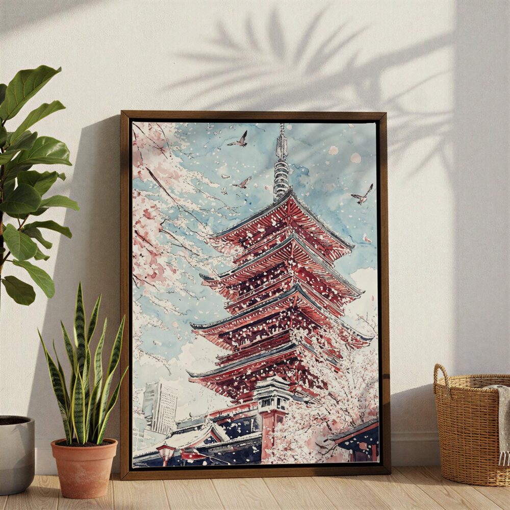 03 - Tokyo Sakura - Watercolor Canvas Print with Brown Floater Frame - Standing on Floor - Vertical.jpg 03 - Tokyo Sakura - Watercolor Canvas Print with Brown Floater Frame - Standing on Floor - Vertical.jpg