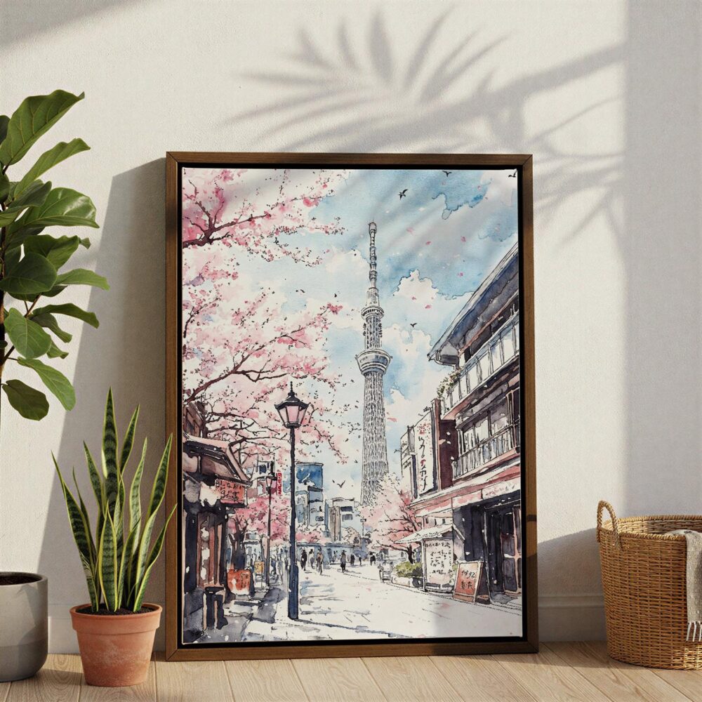 03 - Tokyo Skytree Watercolor Canvas Print with Brown Floater Frame - Standing on Floor - Vertical.jpg 03 - Tokyo Skytree Watercolor Canvas Print with Brown Floater Frame - Standing on Floor - Vertical.jpg