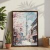 03 - Tokyo Skytree Watercolor Canvas Print with Brown Floater Frame - Standing on Floor - Vertical.jpg
