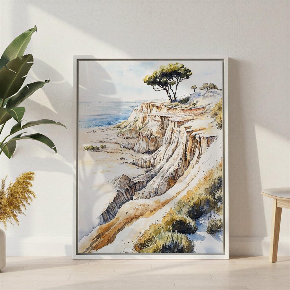 03 - Torrey Pines San Diego Watercolor Canvas Print with White Floater Frame - Standing on Floor - Vertical.jpg 03 - Torrey Pines San Diego Watercolor Canvas Print with White Floater Frame - Standing on Floor - Vertical.jpg
