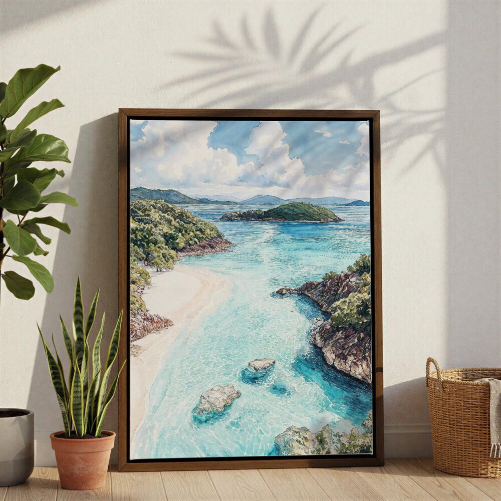 03 - Virgin Islands National Park Watercolor Canvas Print with Brown Floater Frame - Standing on Floor - Vertical.jpg 03 - Virgin Islands National Park Watercolor Canvas Print with Brown Floater Frame - Standing on Floor - Vertical.jpg