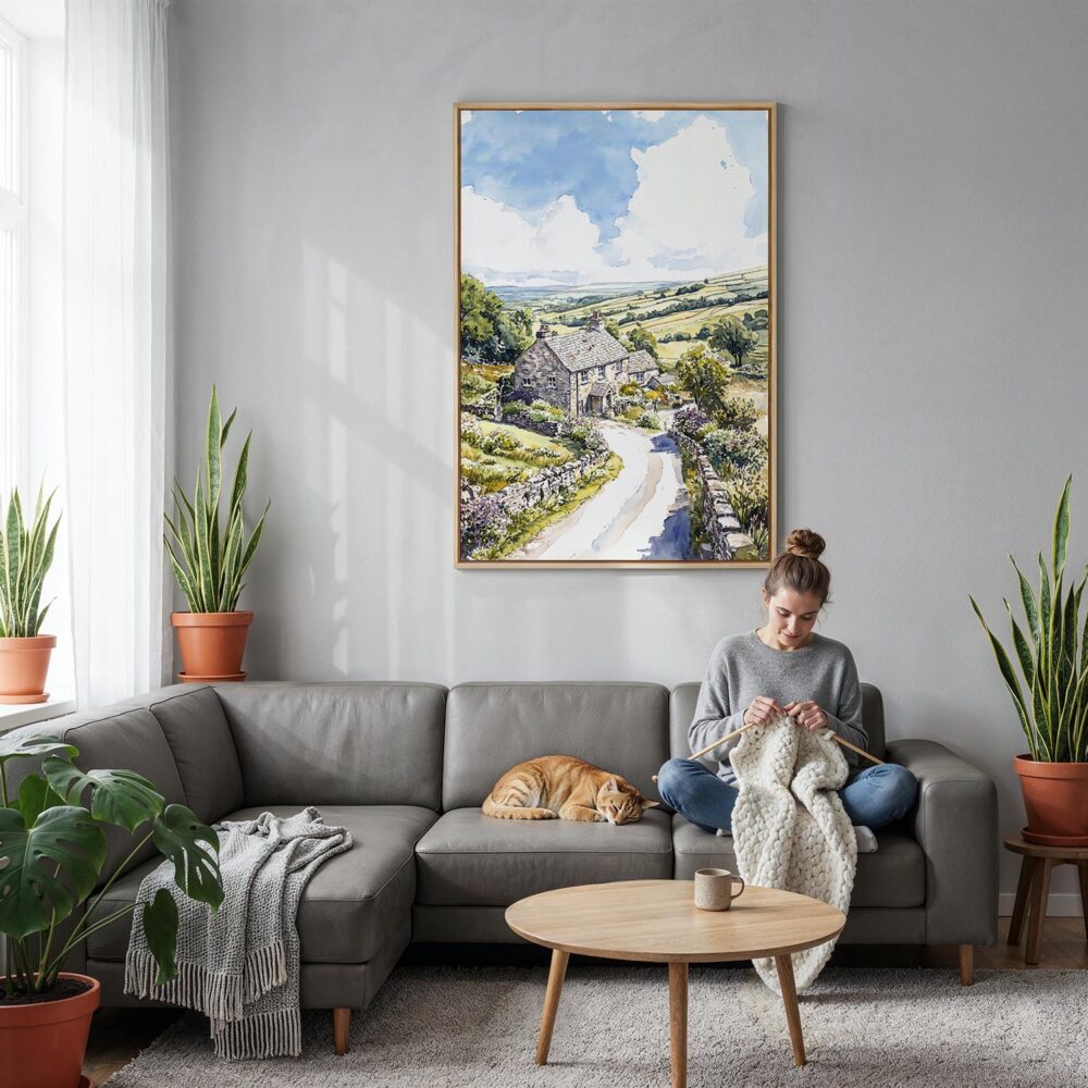 03 - Yorkshire Dales Watercolor Canvas Print with Natural Floater Frame - Woman Knitting on grey couch - Vertical.jpg 03 - Yorkshire Dales Watercolor Canvas Print with Natural Floater Frame - Woman Knitting on grey couch - Vertical.jpg