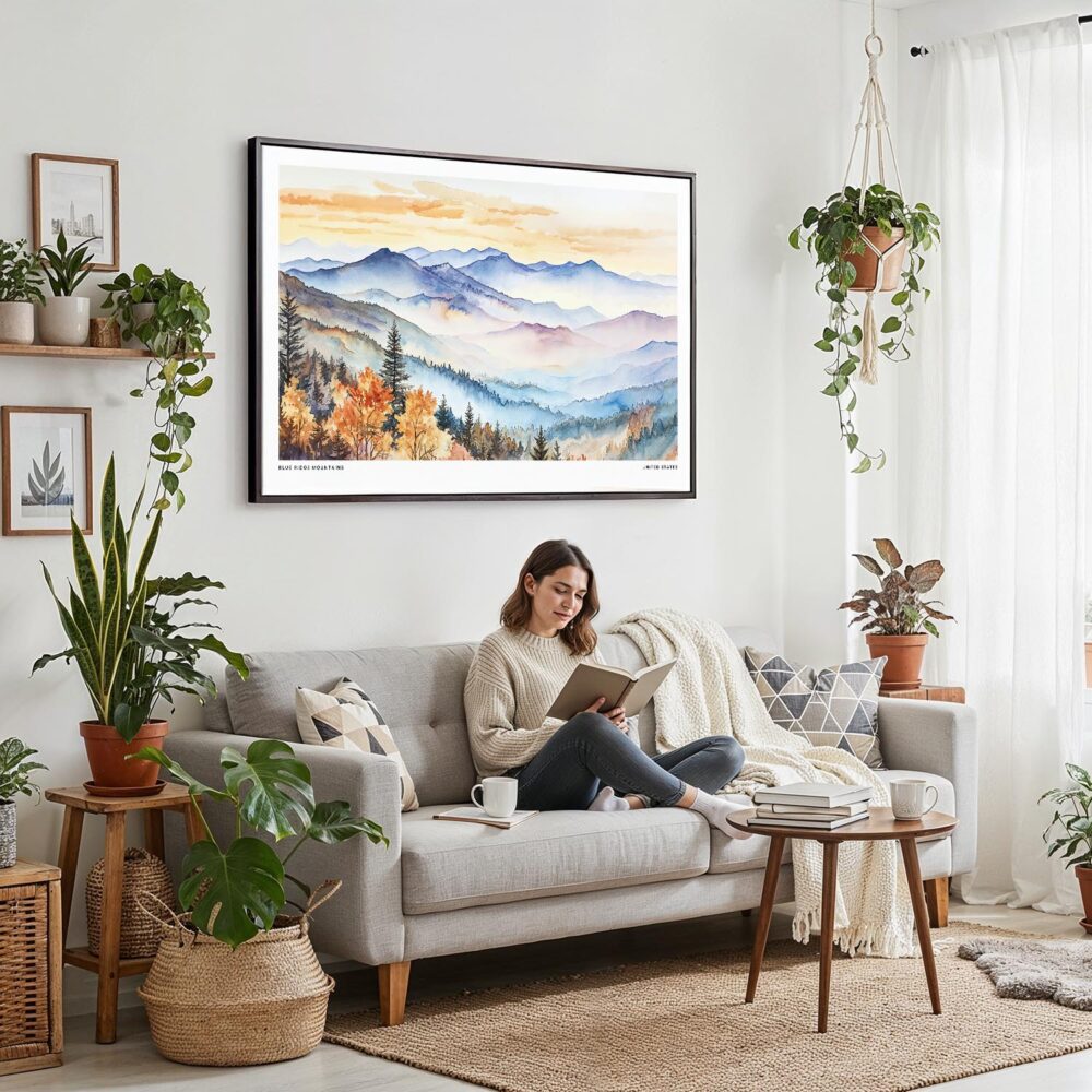 04 - 02 - Framed Blue Ridge Mountains Watercolor - Horizontal Canvas Print - Boho Living Room with Woman reading.jpg 04 - 02 - Framed Blue Ridge Mountains Watercolor - Horizontal Canvas Print - Boho Living Room with Woman reading.jpg