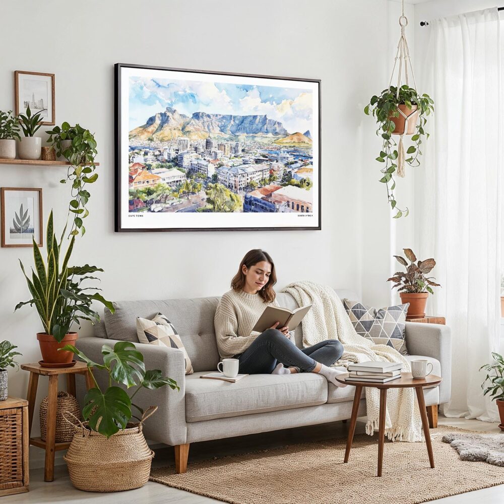 04 - 02 - Framed Cape Town Watercolor - Horizontal Canvas Print - Boho Living Room with Woman reading.jpg 04 - 02 - Framed Cape Town Watercolor - Horizontal Canvas Print - Boho Living Room with Woman reading.jpg