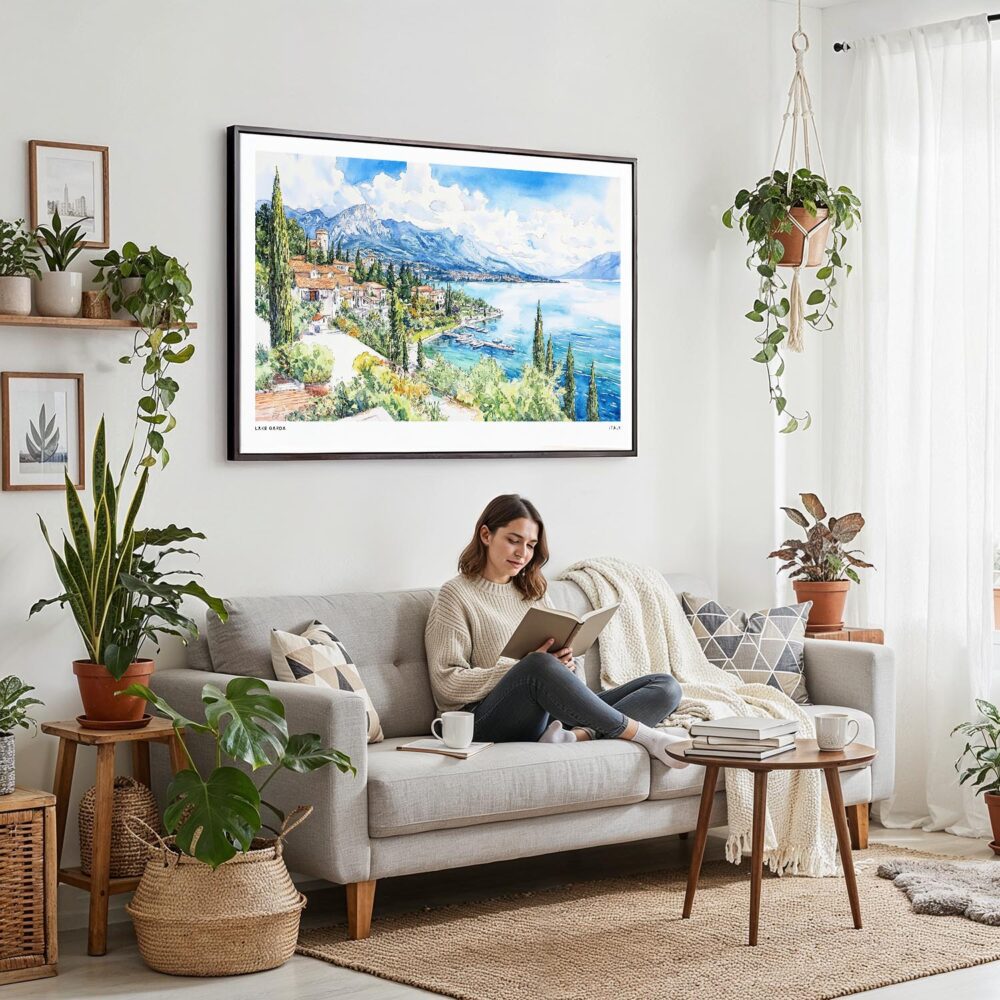 04 - 02 - Framed Lake Garda in Italy Watercolor - Horizontal Canvas Print - Boho Living Room with Woman reading.jpg 04 - 02 - Framed Lake Garda in Italy Watercolor - Horizontal Canvas Print - Boho Living Room with Woman reading.jpg