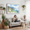 04 - 02 - Framed Lake Garda in Italy Watercolor - Horizontal Canvas Print - Boho Living Room with Woman reading.jpg