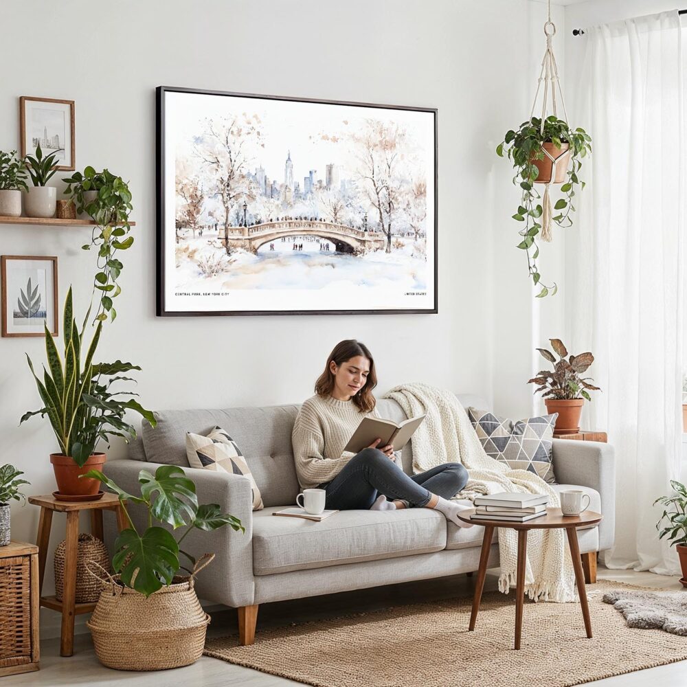 04 - 02 - Framed New York Central Park in Winter Watercolor - Horizontal Canvas Print - Boho Living Room with Woman reading.jpg 04 - 02 - Framed New York Central Park in Winter Watercolor - Horizontal Canvas Print - Boho Living Room with Woman reading.jpg