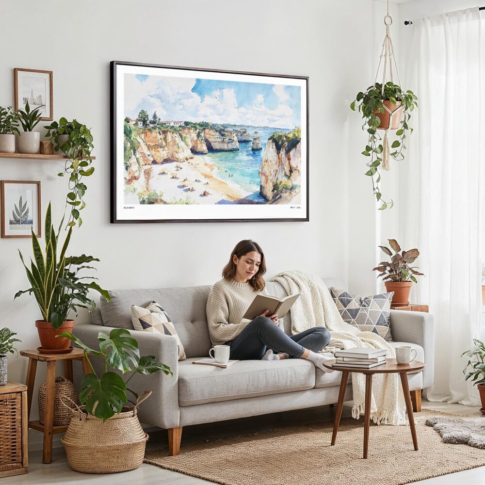 04 - 02 - Framed Portugal Algarve Watercolor - Horizontal Canvas Print - Boho Living Room with Woman reading.jpg 04 - 02 - Framed Portugal Algarve Watercolor - Horizontal Canvas Print - Boho Living Room with Woman reading.jpg